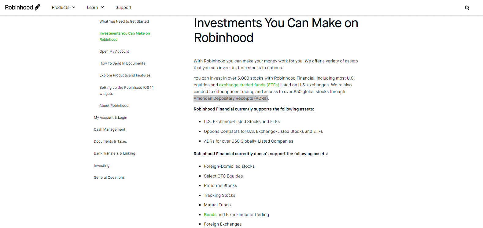 Robinhood Review list of US assets Robinhood Review list of US assets